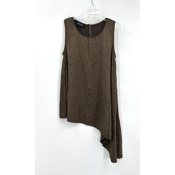 OZAI N KU shirt top tank tunic asymmetrical lagenlook crinkle satin brown L - Picture 1 of 7